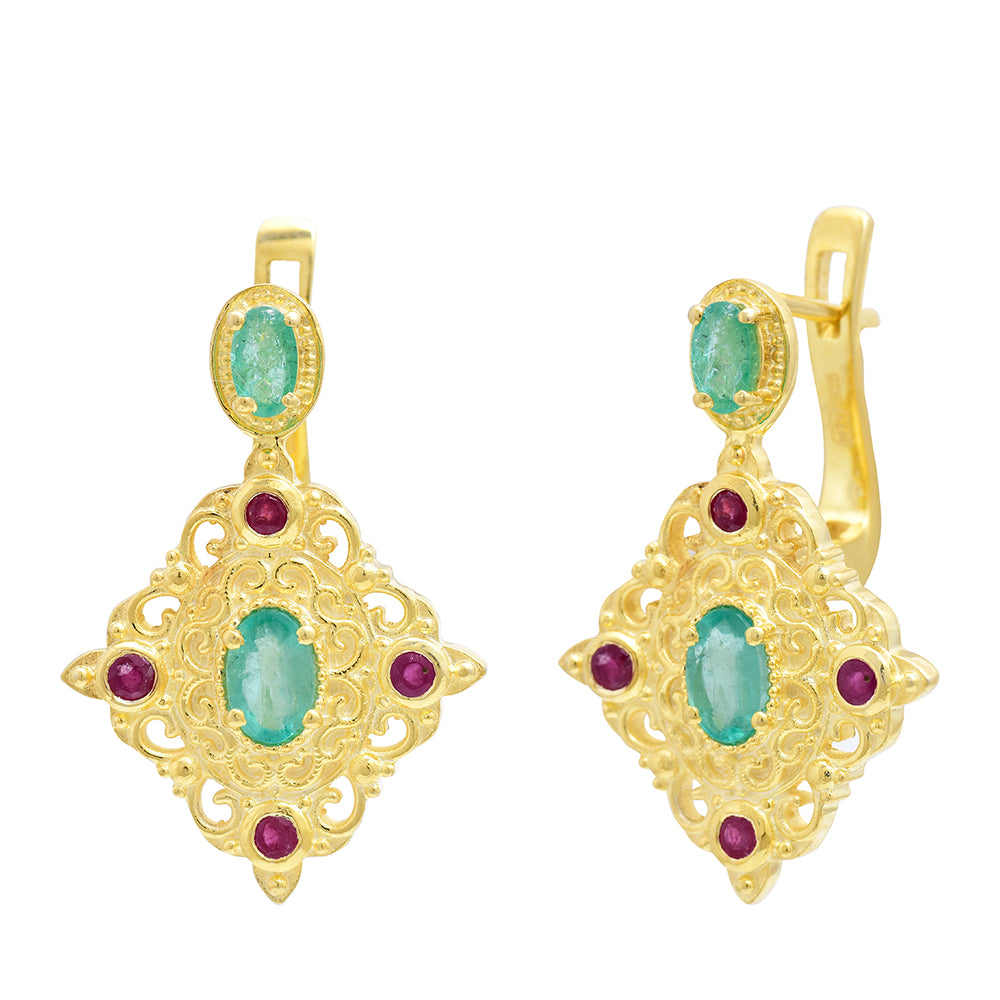 Cercei din Argint 925 Placat cu Aur ( 7.21 grame ) cu Rubin Malagasy și Smarald Brazilian 1.96 Carate 8 