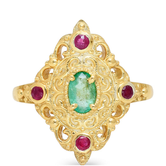 Inel din Argint 925 Placat cu Aur ( 3.9 grame ) cu Rubin Malagasy și Smarald Brazilian 0.98 Carate