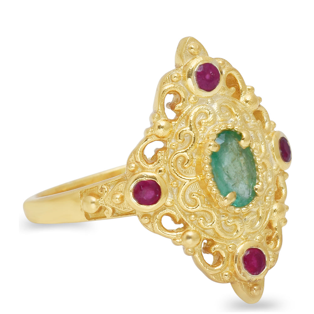 Inel din Argint 925 Placat cu Aur ( 3.9 grame ) cu Rubin Malagasy și Smarald Brazilian 0.98 Carate