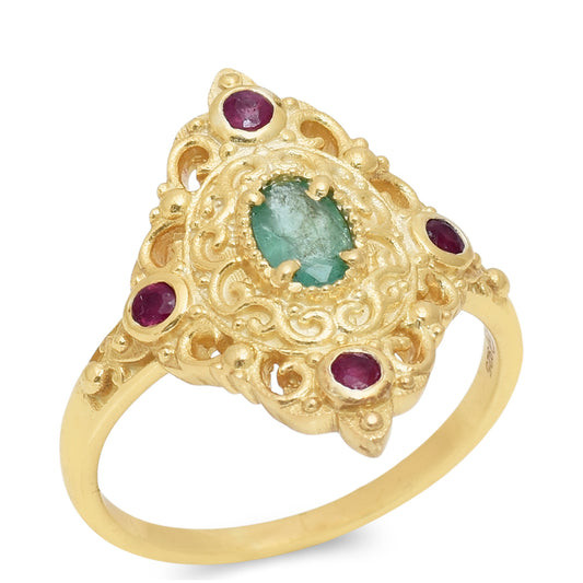 Inel din Argint 925 Placat cu Aur ( 3.9 grame ) cu Rubin Malagasy și Smarald Brazilian 0.98 Carate