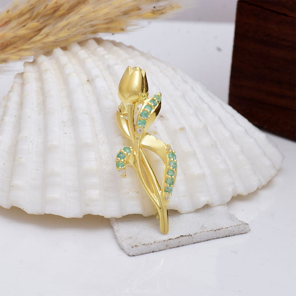 Broşă din Argint 925 Placat cu Aur ( 2.32 grame ) cu Smarald Brazilian și Topaz Alb 0.18 Carate