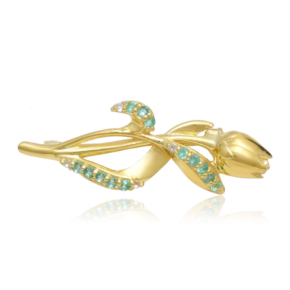 Broşă din Argint 925 Placat cu Aur ( 2.32 grame ) cu Smarald Brazilian și Topaz Alb 0.18 Carate 5 