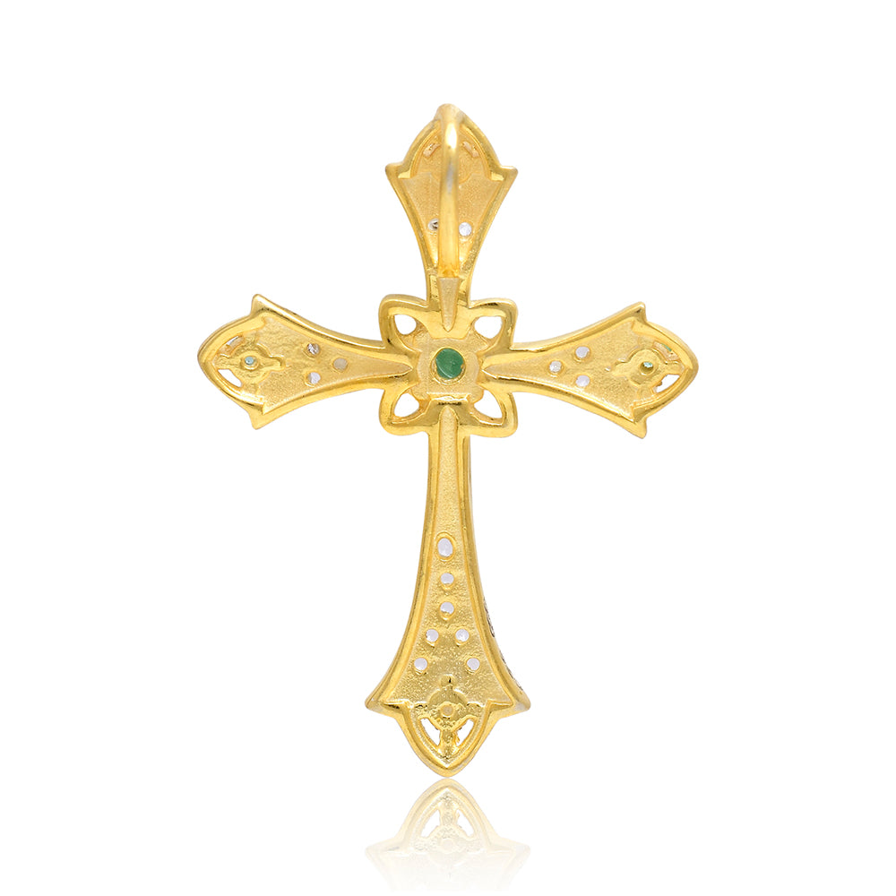 Cruce Pandantiv din Argint 925 Placat cu Aur ( 2.74 grame ) cu Smarald Brazilian și Topaz Alb 0.33 Carate