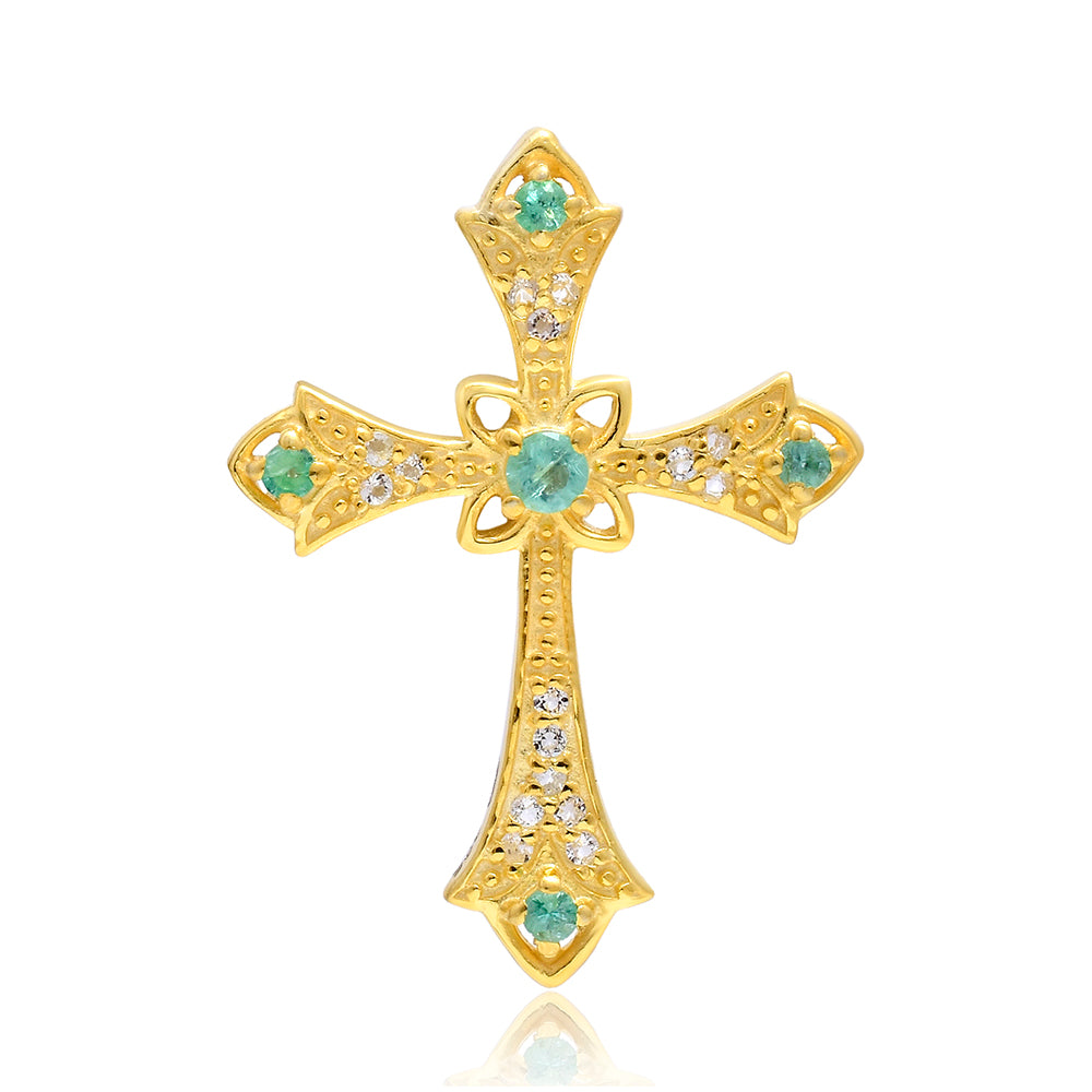 Cruce Pandantiv din Argint 925 Placat cu Aur ( 2.74 grame ) cu Smarald Brazilian și Topaz Alb 0.33 Carate 1 