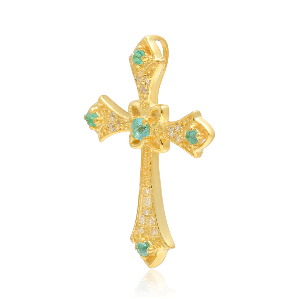 Cruce Pandantiv din Argint 925 Placat cu Aur ( 2.74 grame ) cu Smarald Brazilian și Topaz Alb 0.33 Carate 3 