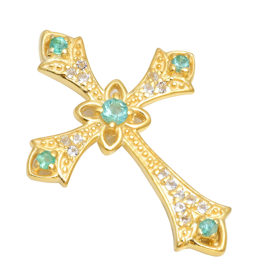 Cruce Pandantiv din Argint 925 Placat cu Aur ( 2.74 grame ) cu Smarald Brazilian și Topaz Alb 0.33 Carate 4 