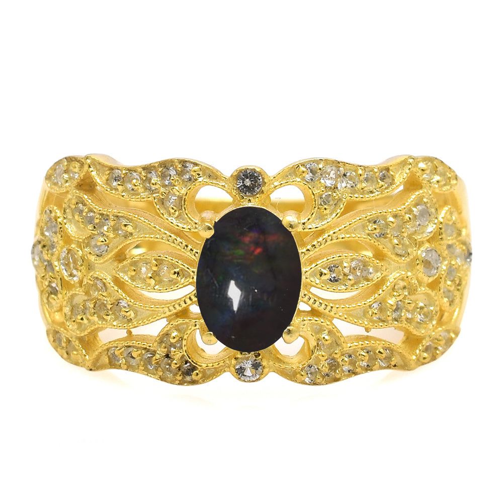 Inel din Argint 925 Placat cu Aur ( 4.45 grame ) cu Opal Etiopian Lega Dembi și Topaz Alb 0.64 Carate 1 