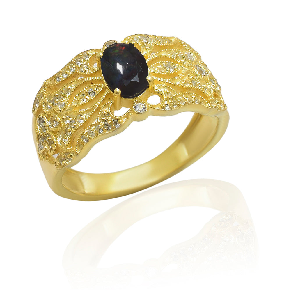 Inel din Argint 925 Placat cu Aur ( 4.45 grame ) cu Opal Etiopian Lega Dembi și Topaz Alb 0.64 Carate 3 