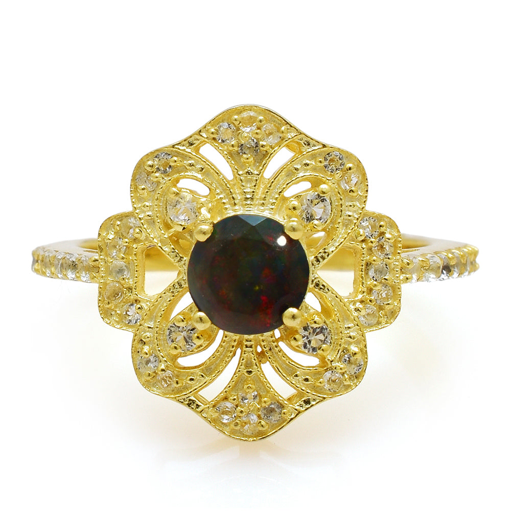 Inel din Argint 925 Placat cu Aur ( 3.78 grame ) cu Opal Etiopian Lega Dembi și Topaz Alb 0.55 Carate
