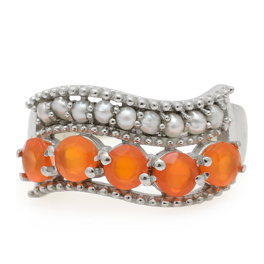 Inel din Argint 925 ( 3.94 grame ) cu Agat Roșu și Perlă de Apă Dulce Albă 1.56 Carate