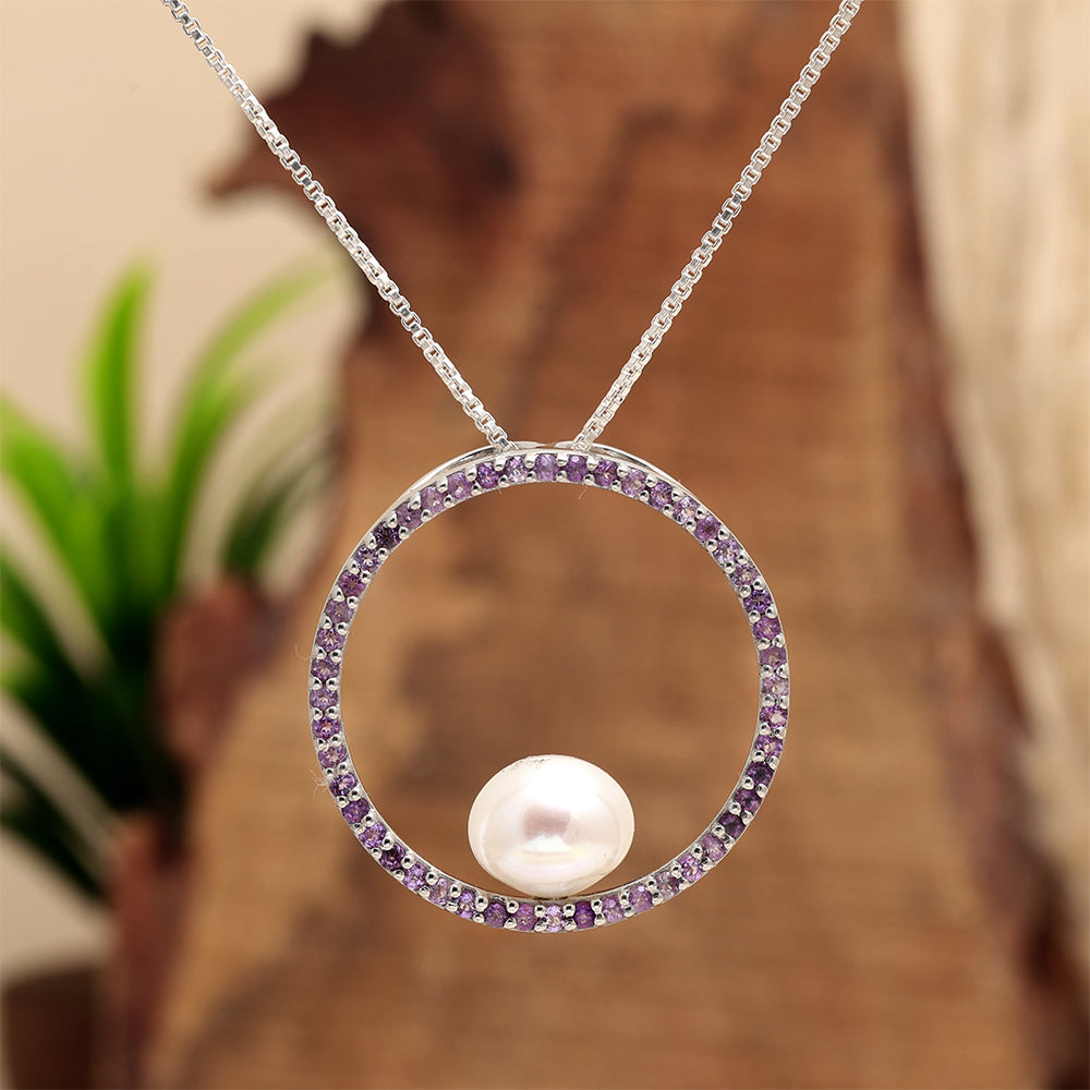 Pandantiv din Argint 925 ( 2.57 grame ) cu Ametist Brazilian și Perlă de Apă Dulce Albă 4 Carate
