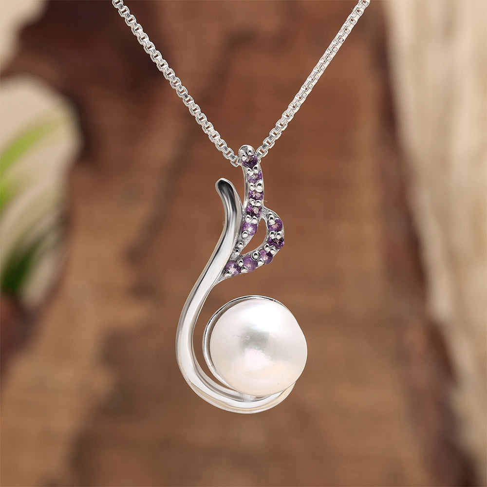 Pandantiv din Argint 925 ( 2.33 grame ) cu Ametist Brazilian și Perlă de Apă Dulce Albă 0.13 Carate 2 