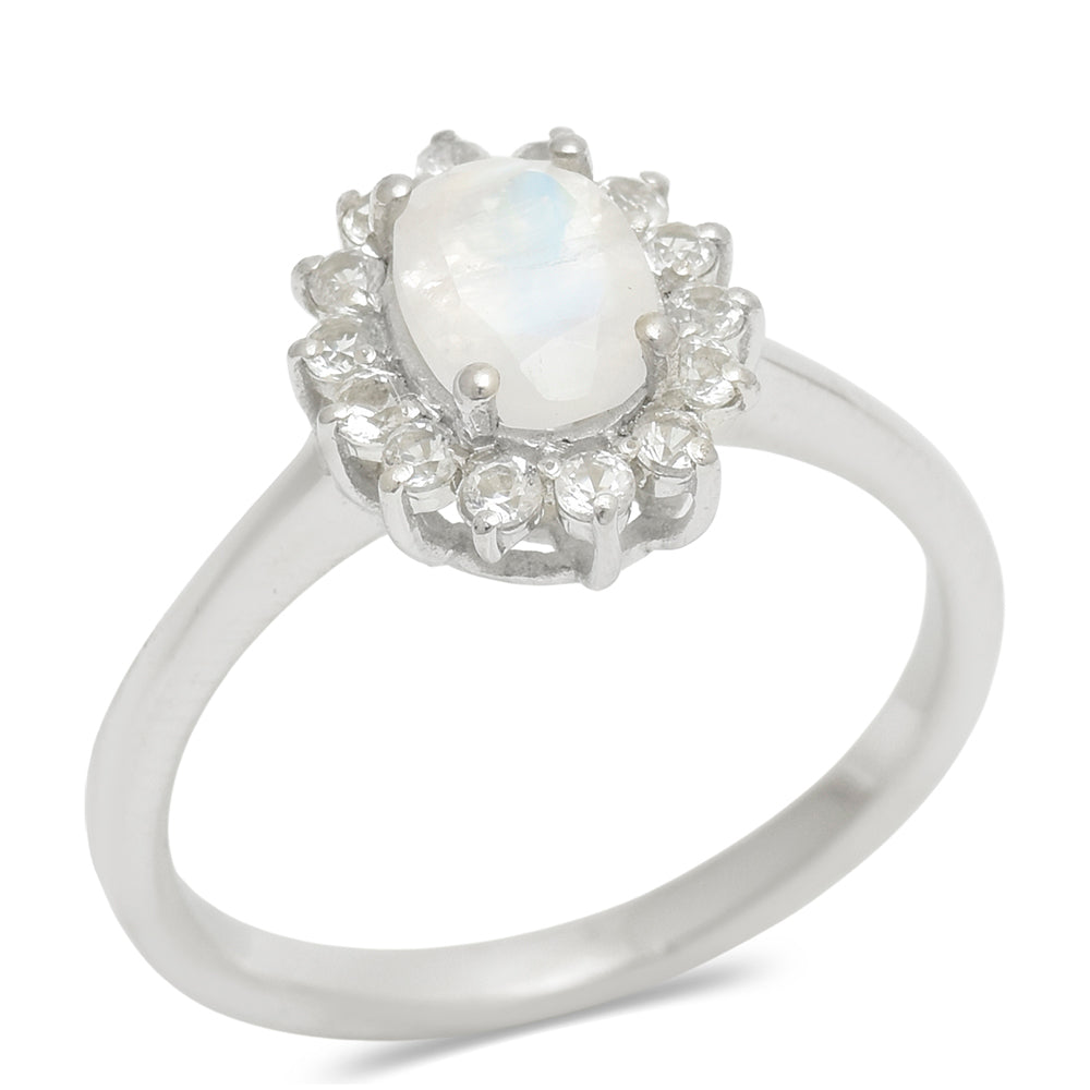 Inel din Argint 925 ( 2.32 grame ) cu Piatra Lunii Curcubeu și Topaz Alb 1.34 Carate