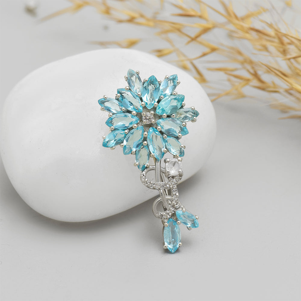 Broşă din Argint 925 ( 2.93 grame ) cu Apatit Albastru Madagascar și Topaz Alb 3.85 Carate