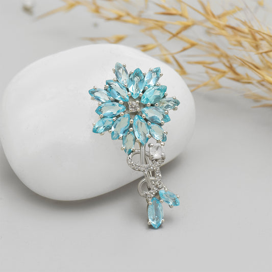 Broşă din Argint 925 ( 2.93 grame ) cu Apatit Albastru Madagascar și Topaz Alb 3.85 Carate