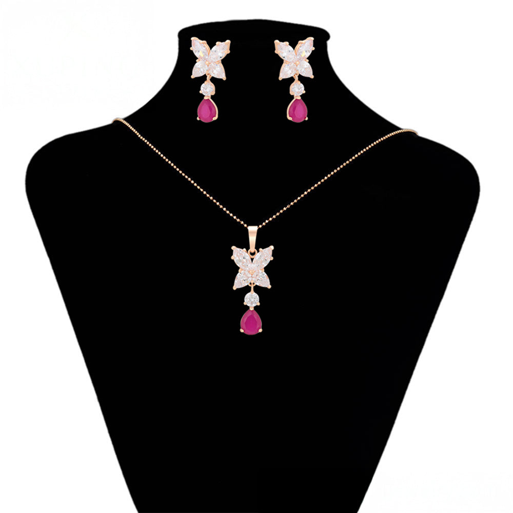 Set din Aliaj Placat cu Aur cu Cristal Roz Emporia® și Cristal Alb Emporia® ( Cercei+Pandantiv ) 3 