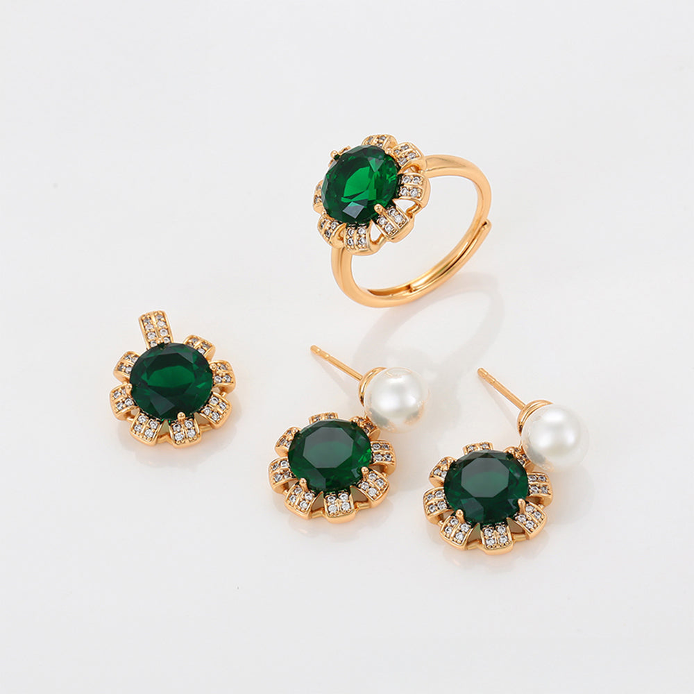 Set din Aliaj Placat cu Aur cu Cristal Verde Emporia® și Perlă de cristal ( Cercei+Inel+Pandantiv ) 1 