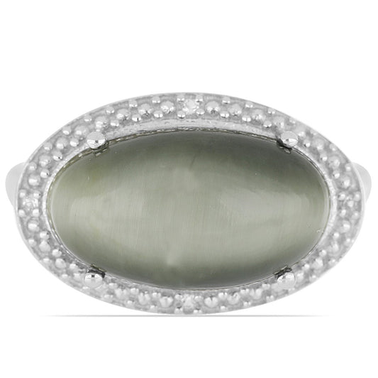 Inel din Argint 925 ( 3.18 grame ) cu Ochi de Pisică verde Antananarivo și Topaz Alb 6.4 Carate