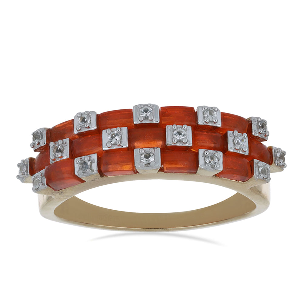 Inel din Argint 925 Placat cu Aur ( 4.5 grame ) cu Opal Etiopian Lega Dembi Portocaliu și Topaz Alb 1.23 Carate