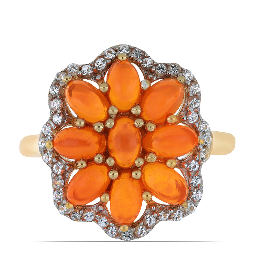 Inel din Argint 925 Placat cu Aur ( 4.05 grame ) cu Opal Etiopian Lega Dembi Portocaliu și Topaz Alb 2.02 Carate 1 