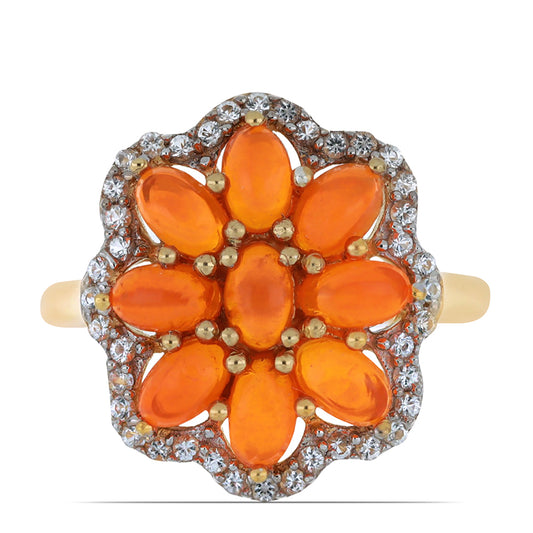 Inel din Argint 925 Placat cu Aur ( 4.05 grame ) cu Opal Etiopian Lega Dembi Portocaliu și Topaz Alb 2.02 Carate