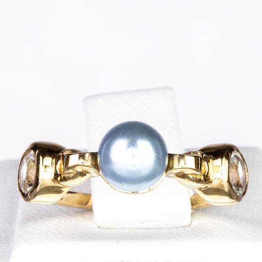 Inel din Argint 925 Placat cu Aur ( 2.45 grame ) cu Perlă de cultură Albastru și Topaz Alb 2.24 Carate