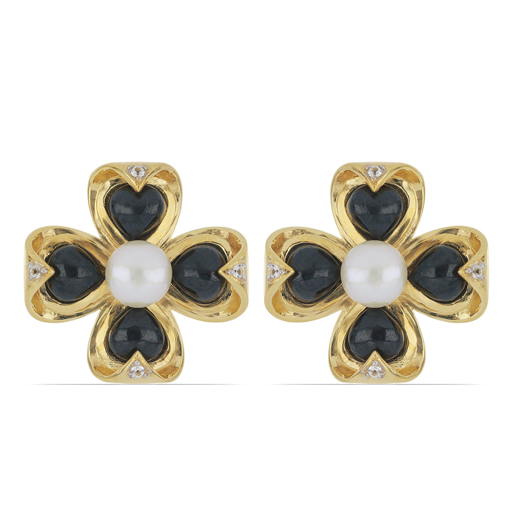 Cercei din Argint 925 Placat cu Aur ( 6.99 grame ) cu Onix Negru Suwar și Perlă de Apă Dulce Albă 8.03 Carate 1 