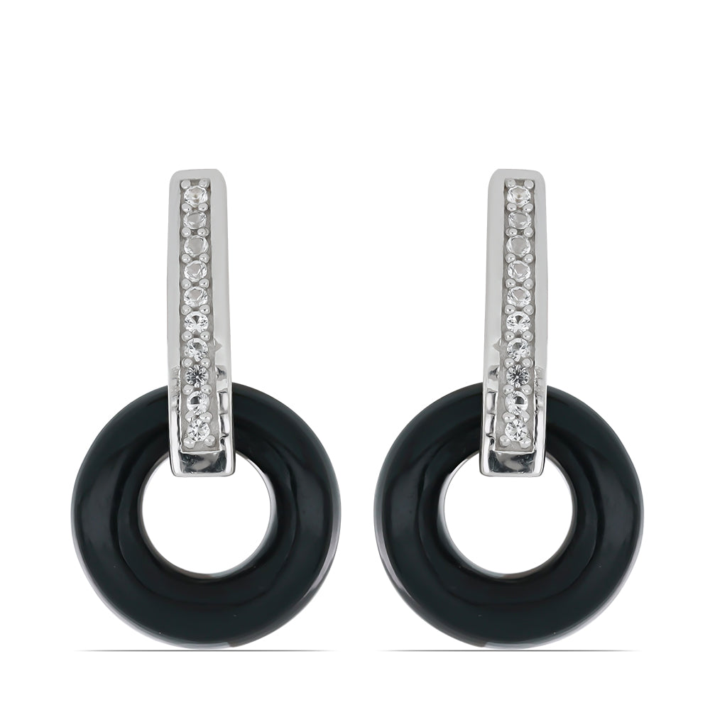 Cercei din Argint 925 ( 1.87 grame ) cu Onix Negru Suwar și Topaz Alb 13.08 Carate