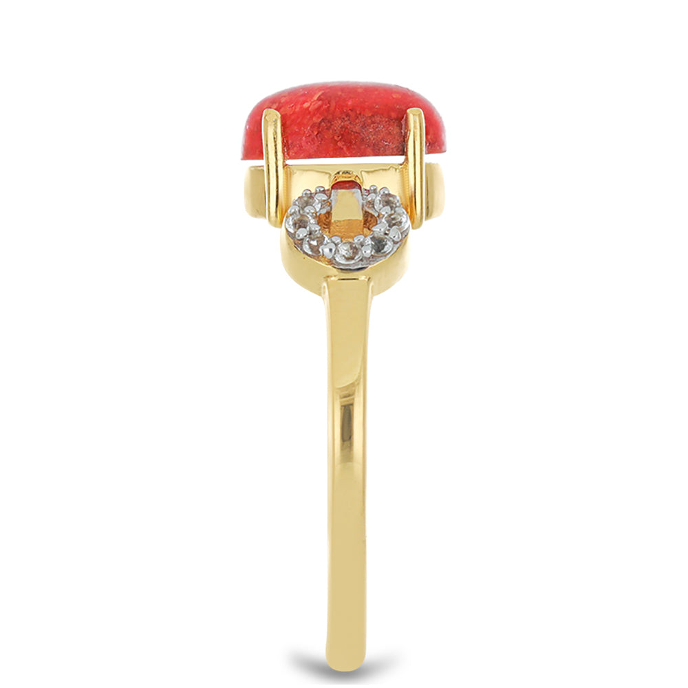 Inel din Argint 925 Placat cu Aur ( 2.42 grame ) cu Coral Roșu Burete și Topaz Alb 1.58 Carate 4 