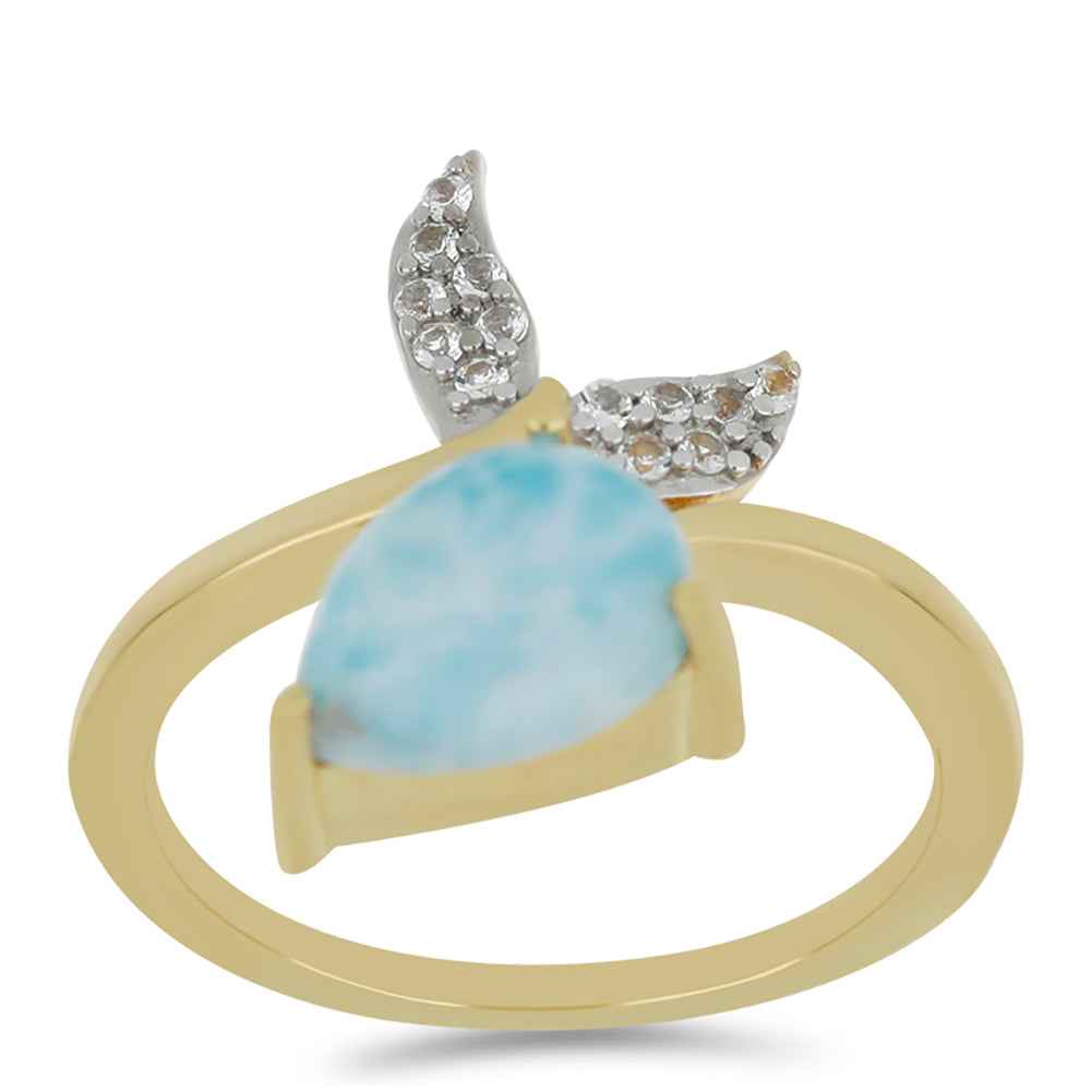 Inel din Argint 925 Placat cu Aur ( 3.02 grame ) cu Larimar(Piatra delfinului) și Topaz Alb 2.35 Carate 3 