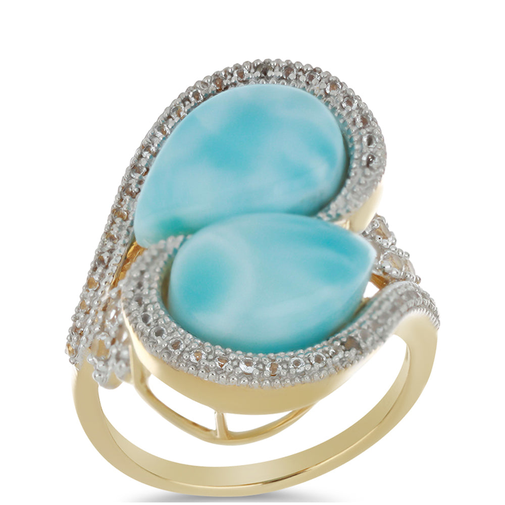 Inel din Argint 925 Placat cu Aur ( 6.96 grame ) cu Larimar(Piatra delfinului) și Topaz Alb 12.65 Carate 3 