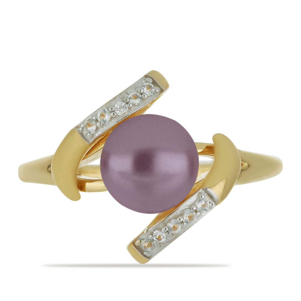 Inel din Argint 925 Placat cu Aur ( 3.88 grame ) cu Perlă de cultură Violet și Topaz Alb 2.63 Carate 1 