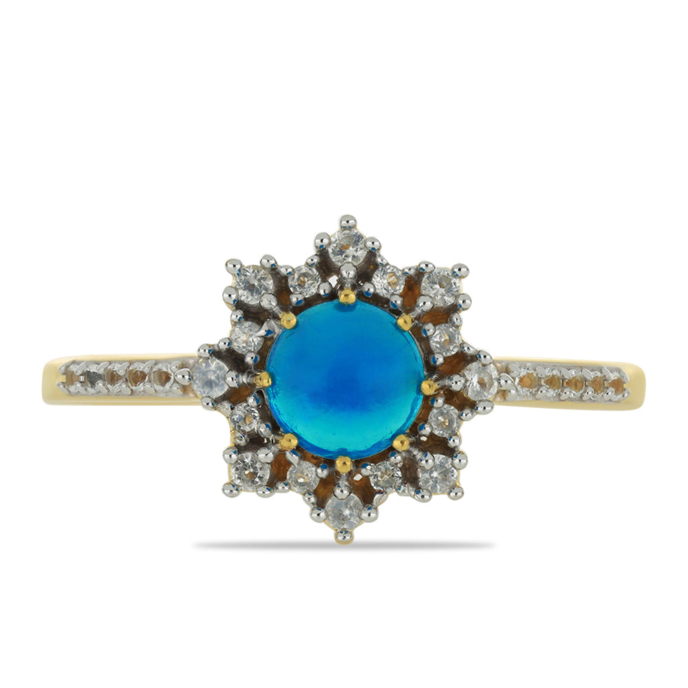 Inel din Argint 925 Placat cu Aur ( 3.29 grame ) cu Opal Albastru Etiopian Paraiba și Topaz Alb 0.76 Carate 1 