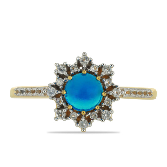 Inel din Argint 925 Placat cu Aur ( 3.29 grame ) cu Opal Albastru Etiopian Paraiba și Topaz Alb 0.76 Carate