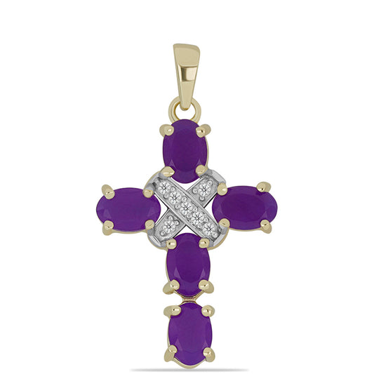 Cruce Pandantiv din Argint 925 Placat cu Aur ( 1.89 grame ) cu Agat Violet și Topaz Alb 2.2 Carate