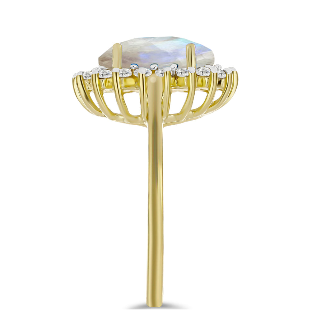 Inel din Argint 925 Placat cu Aur ( 3.52 grame ) cu Piatra Lunii Curcubeu și Topaz Alb 5.25 Carate 4 