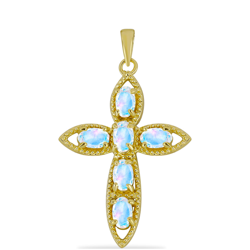 Cruce Pandantiv din Argint 925 Placat cu Aur ( 2.01 grame ) cu Piatra Lunii Curcubeu 1.3 Carate 1 