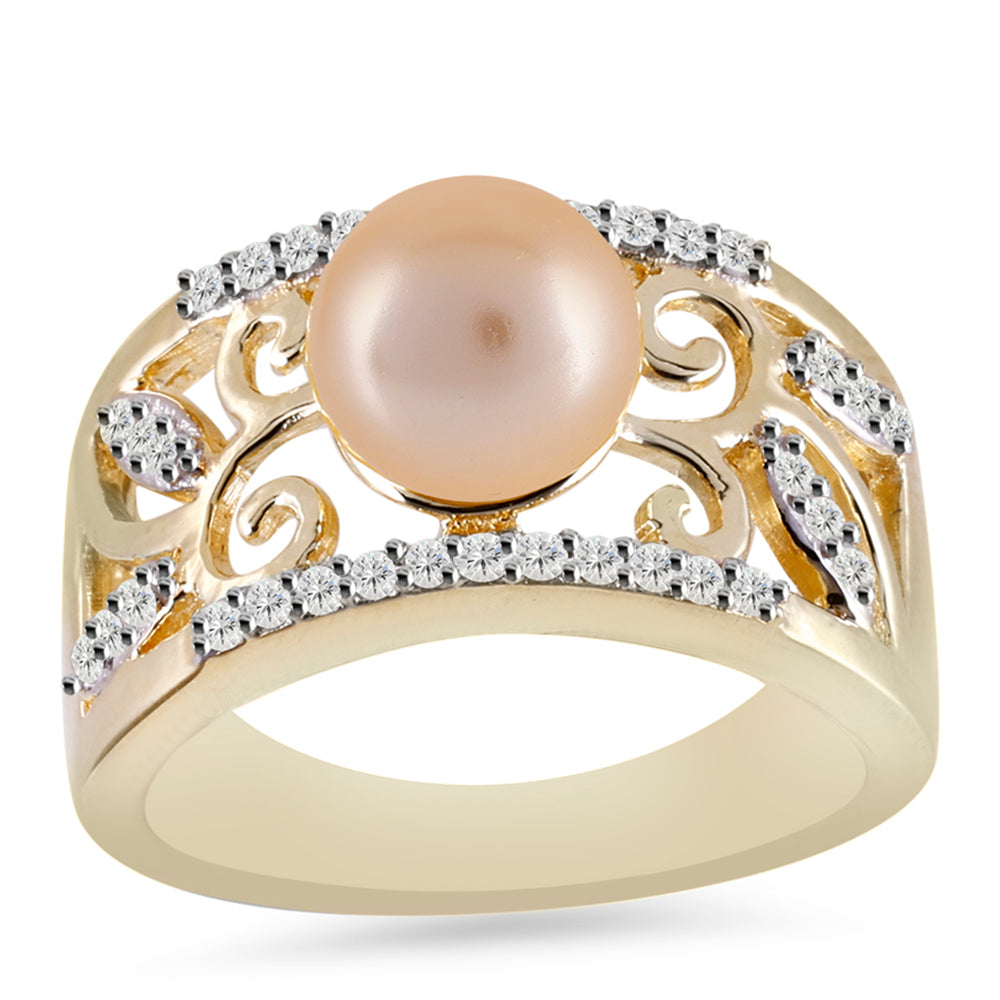Inel din Argint 925 Placat cu Aur ( 5.88 grame ) cu Perlă de Apă Dulce culoare Aurie și Topaz Alb 2.88 Carate