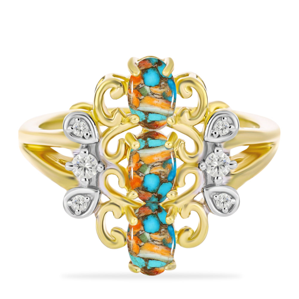 Inel din Argint 925 Placat cu Aur ( 3.86 grame ) cu Turcoaz Oyster și Topaz Alb 1.8 Carate 1 