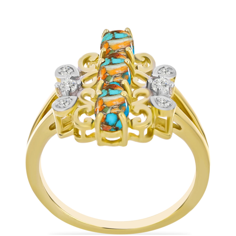 Inel din Argint 925 Placat cu Aur ( 3.86 grame ) cu Turcoaz Oyster și Topaz Alb 1.8 Carate 3 