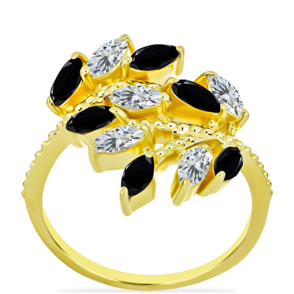 Inel din Argint 925 Placat cu Aur ( 4.02 grame ) cu Onix Negru și Topaz Alb 2.11 Carate