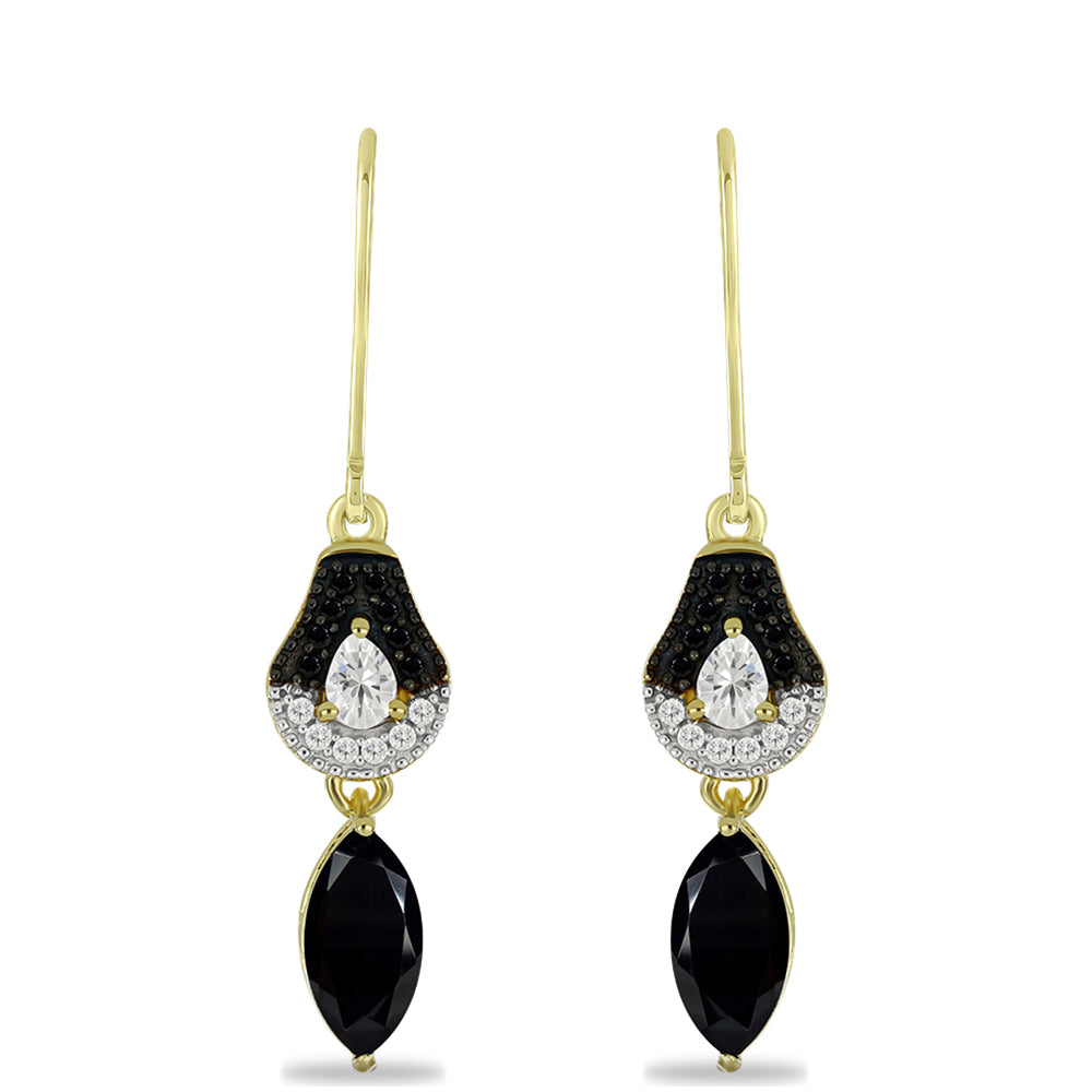 Cercei din Argint 925 Placat cu Aur ( 3.38 grame ) cu Onix Negru și Topaz Alb 3.14 Carate