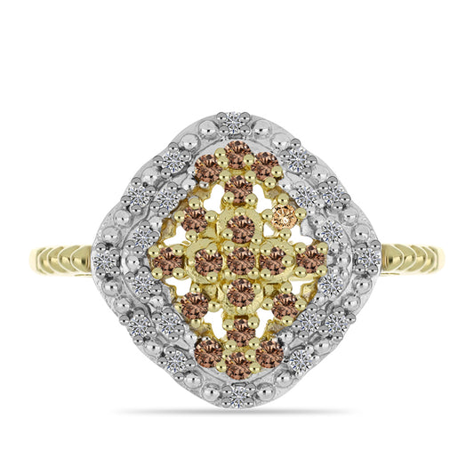 Inel din Argint 925 Placat cu Aur ( 3.45 grame ) cu Diamant de culoarea Șampaniei și Diamant Alb 0.37 Carate