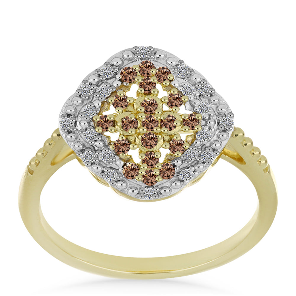 Inel din Argint 925 Placat cu Aur ( 3.45 grame ) cu Diamant de culoarea Șampaniei și Diamant Alb 0.37 Carate 3 