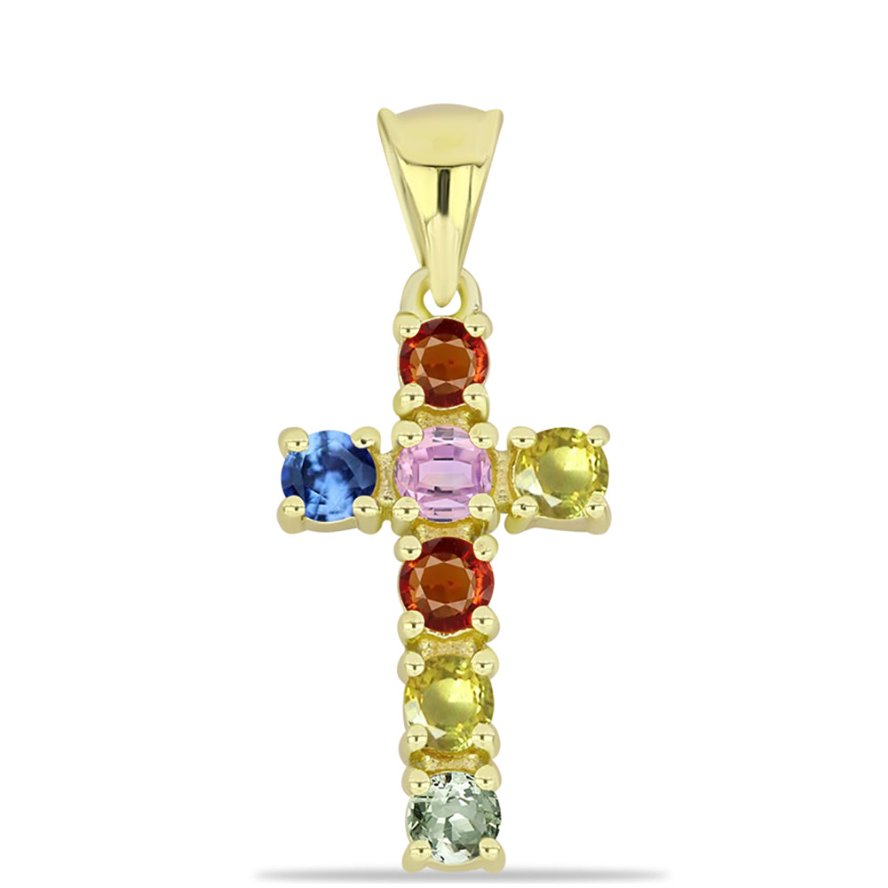 Cruce Pandantiv din Argint 925 Placat cu Aur ( 1.45 grame ) cu Safir Rosebery Curcubeu 0.85 Carate