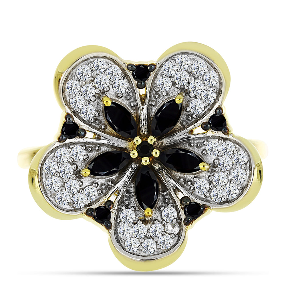 Inel din Argint 925 Placat cu Aur ( 3.94 grame ) cu Spinel Negru și Topaz Alb 0.91 Carate
