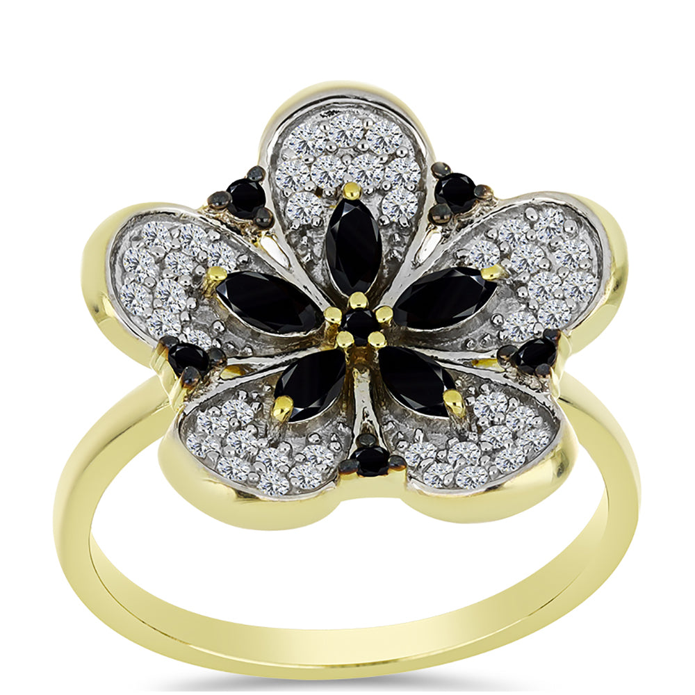 Inel din Argint 925 Placat cu Aur ( 3.94 grame ) cu Spinel Negru și Topaz Alb 0.91 Carate 3 