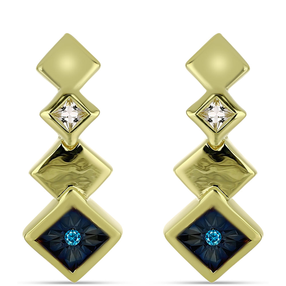 Cercei din Argint 925 Placat cu Aur ( 3.44 grame ) cu Diamant Albastru și Topaz Alb 0.11 Carate