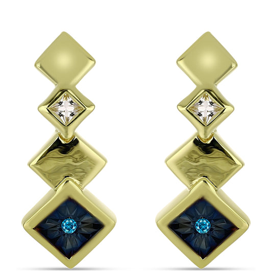 Cercei din Argint 925 Placat cu Aur ( 3.44 grame ) cu Diamant Albastru și Topaz Alb 0.11 Carate