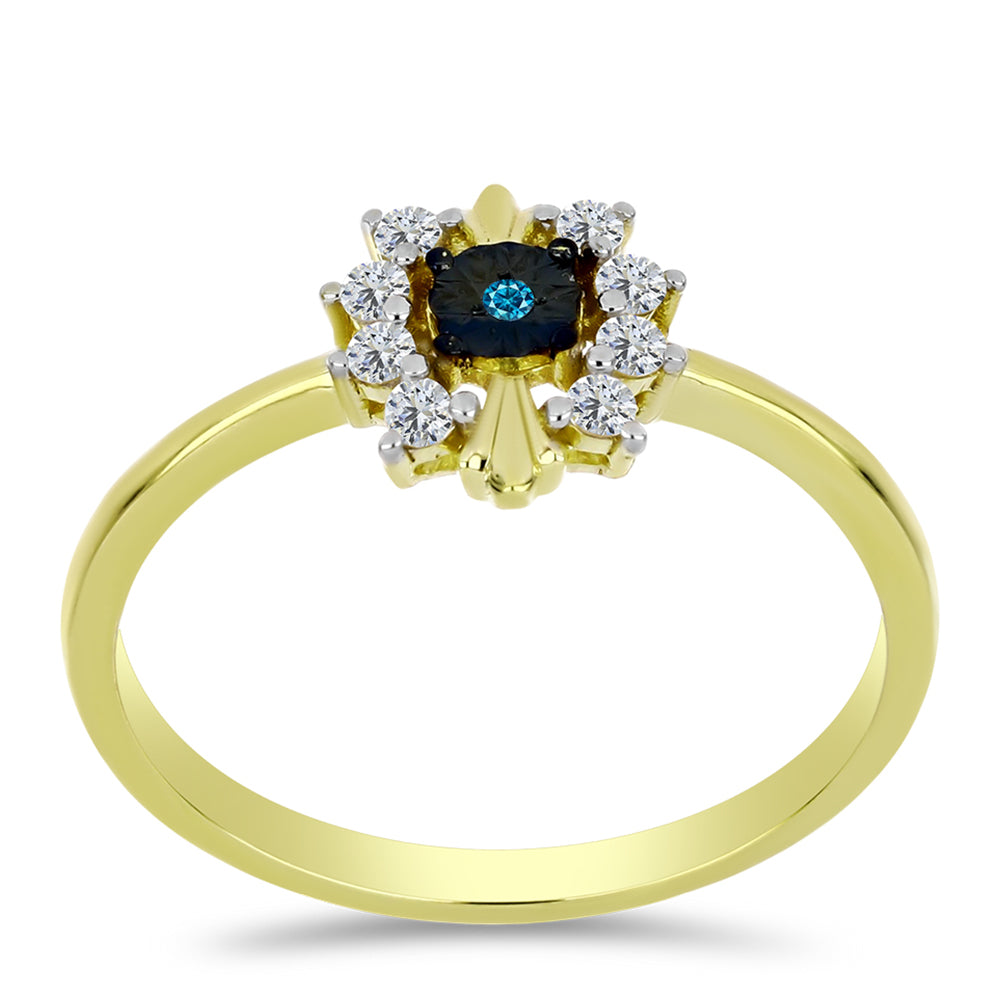 Inel din Argint 925 Placat cu Aur ( 1.82 grame ) cu Diamant Albastru și Topaz Alb 0.15 Carate